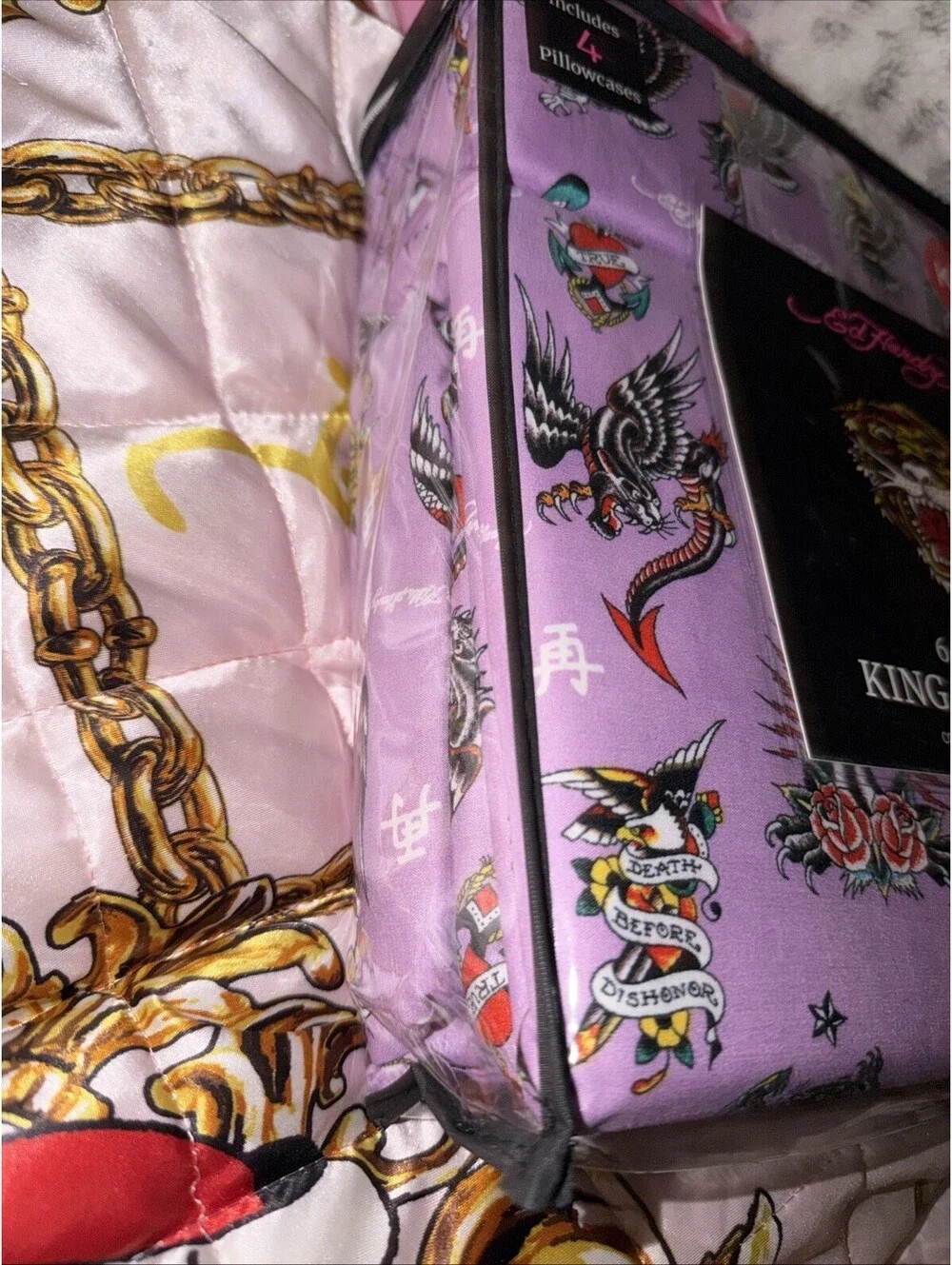 Ed Hardy King Sheet Set 6 Pc Purple Tattoo Collage Skull Bird Dragon Bedding New